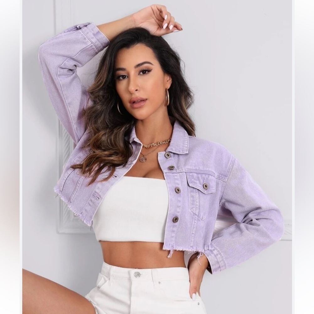 DROP Shoulder Cropped Denim Distressed Jean Jacket Lavender